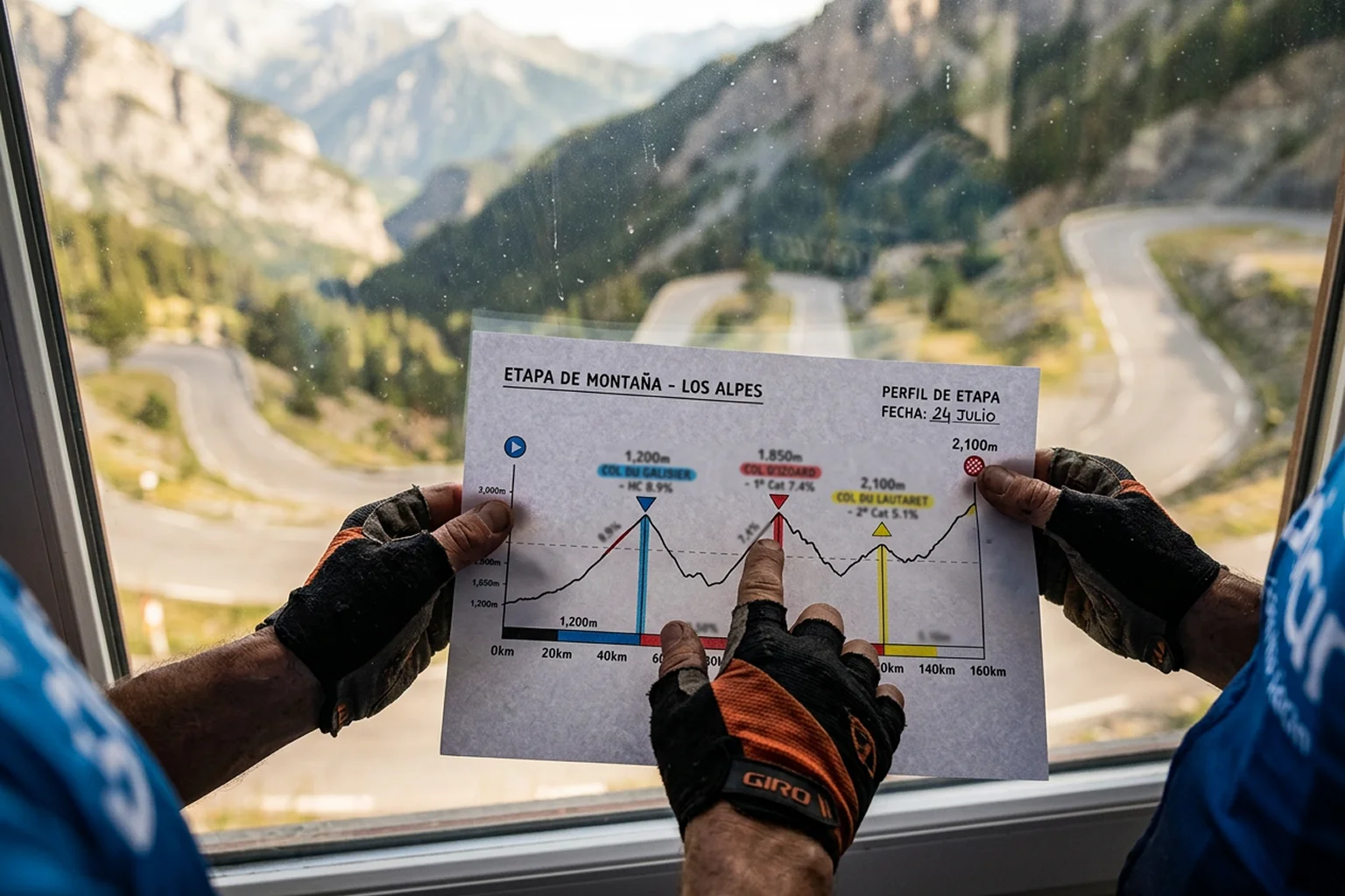 Perfil altimétrico de etapa de montaña con puertos señalizados y datos de pendiente