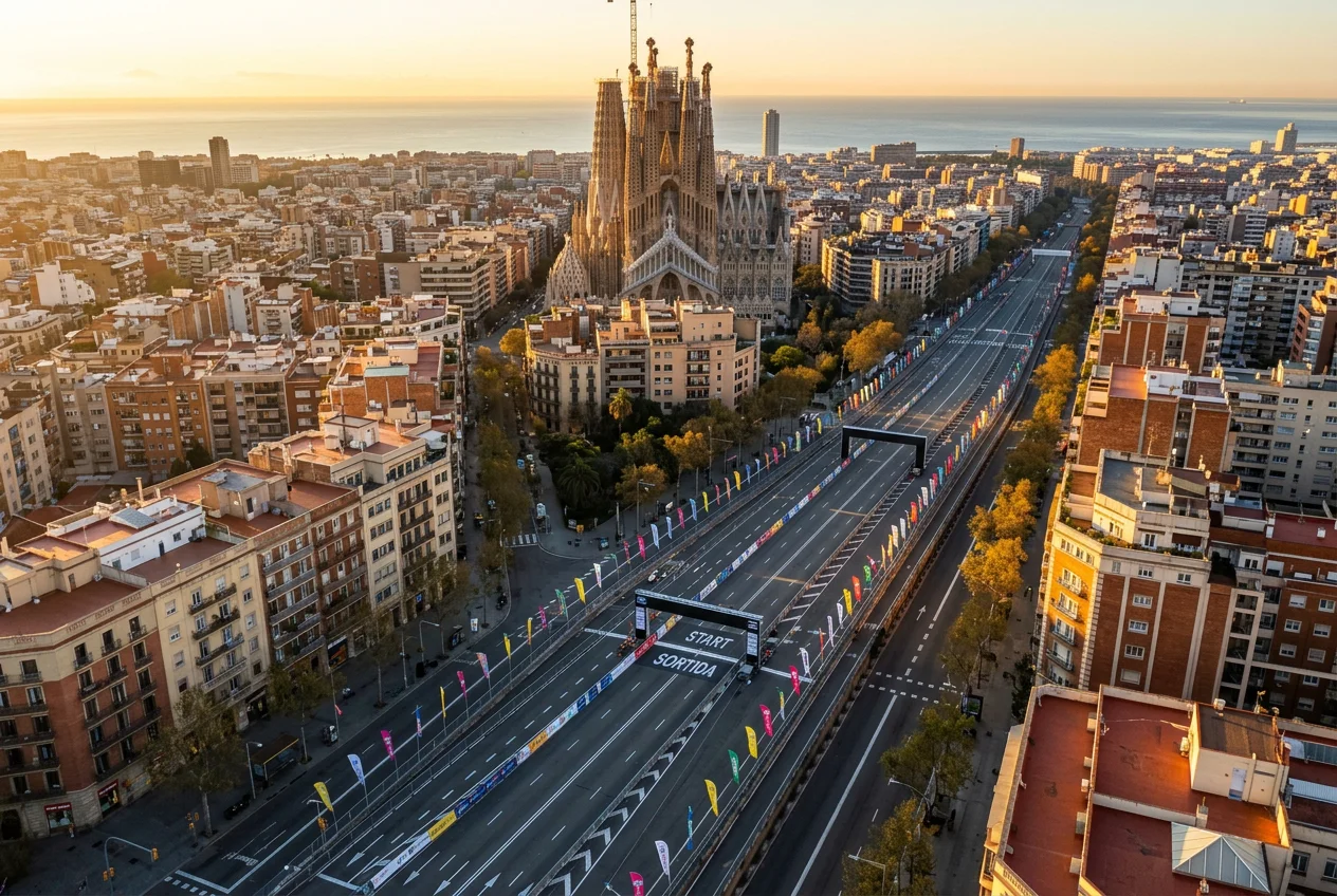 Vista aérea de Barcelona con recorrido ciclista superpuesto para el Grand Départ del Tour de France 2026
